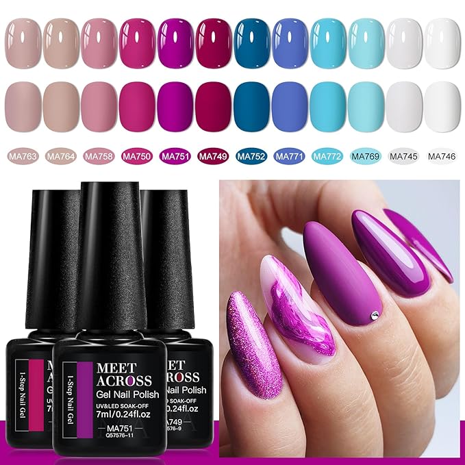 MEET ACROSS 12 Colors One Step Gel Nail Polish Set All-in-One Step Gel Polish Purple Blue Soak Off LED/UV Long Lasting Nail Polish DIY Salon Manicure at Home