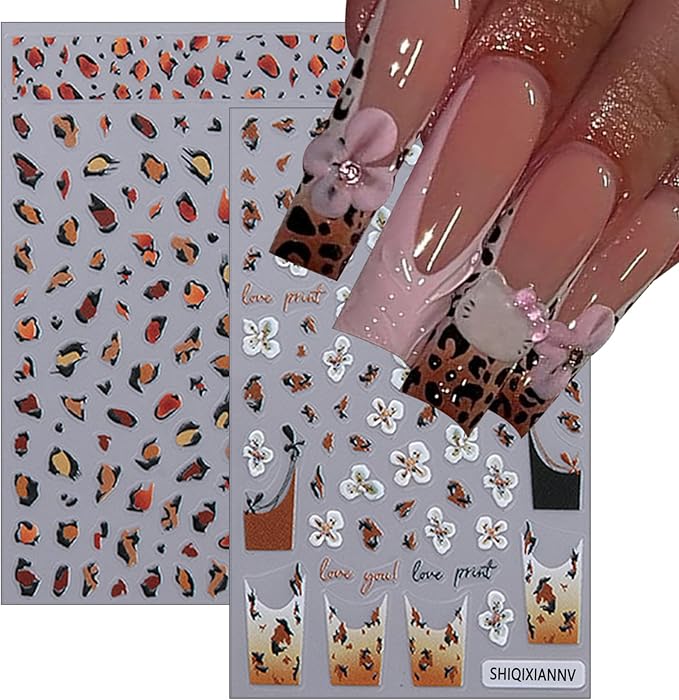 8 Leopard Print Nail Stickers 3D self-Adhesive French Nail Stickers Hibiscus Petal Nail Art Design Suitable for Women and Girls DIY Nail Decoration Supplies
