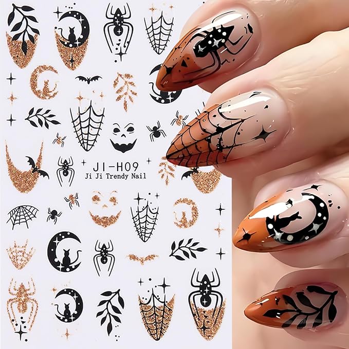 Halloween Nail Stickers for Nail Art, 3D Self-Adhesive Halloween Nail Decals Nail Art Supplies 6PCS Glitter Pumpkin Spider Web French Tip Cute Design Holiday Sticker for Women DIY Manicure Decorations