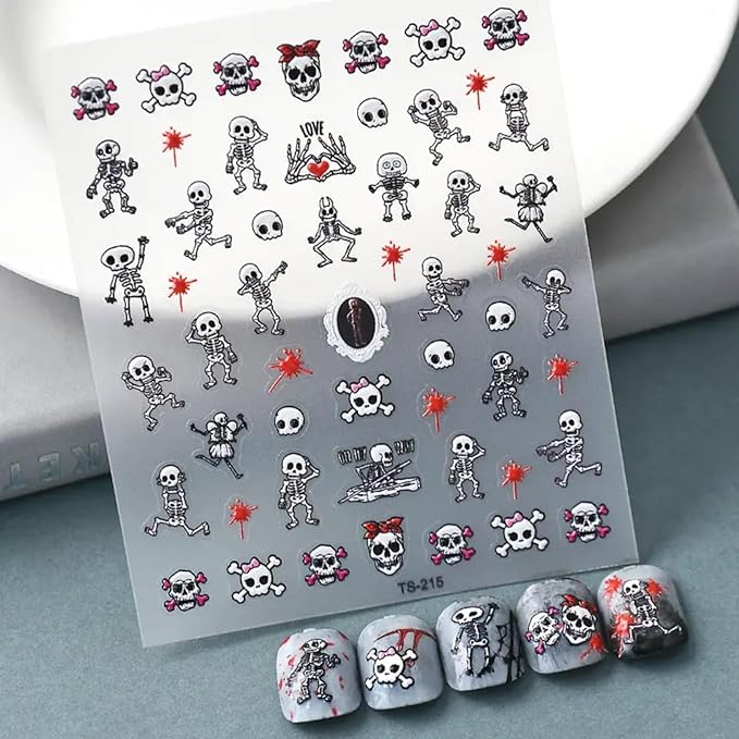 Halloween Skull Nail Art Stickers Decals 5D Embossed Skeleton Nail Decals Self-Adhesive Bloody Skull Heart Nail Art Supplies Horror Hand Bones Halloween Nail Stickers for Women Manicure Decoration
