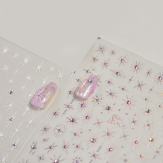 5D Self-Adhesive Glitter Diamond Star Nail Stickers Crystal Nail Art Sticker Silver Pink Sparkle Star Nail Decals with Shiny Rhinestone Luxury Nail Design Supplies for Women DIY Nail Decorations