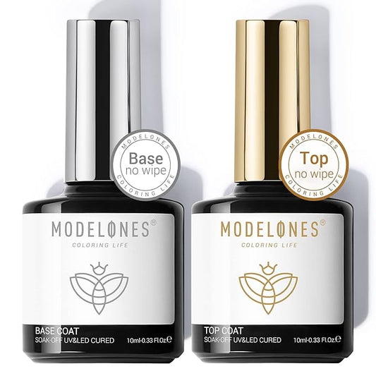 modelones Gel Top Coat and Base Coat, 2 Pcs No Wipe Clear Base and Top Coat Set for Gel Nail Polish Soak Off Long Lasting Upgraded Shiny DIY Manicure Gift for Women 10 ml