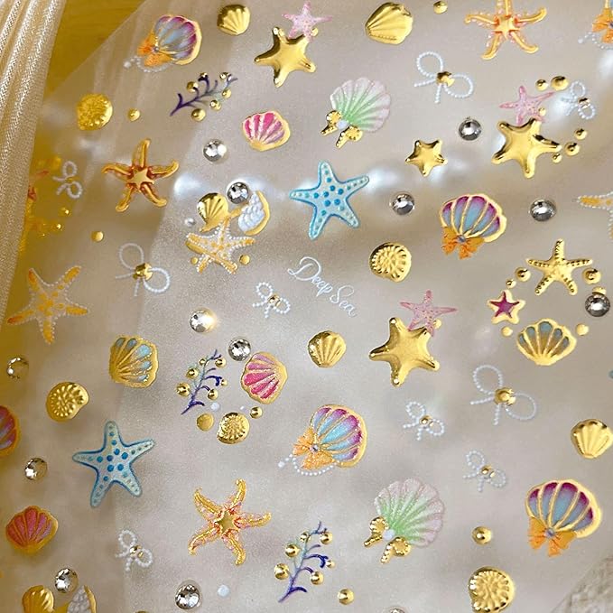 1 Sheets Summer Beach Nail Decals for Nail Art Gold Seashell Starfish Nail Stickers with Diamond Designs Coral Conch Bow Nail Art Stickers 5D Self-Adhesive Ocean Nail Design Supplies for Women