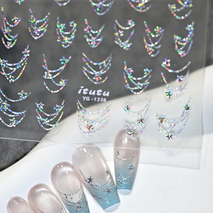 Star Nail Art Stickers Sliver Star Chain Nail Decals Self-Adhesive Laser Nail Stickers Shiny Chain Stars Manicure Supplies Cute French Nail Art Accessories for Women Acrylic Nails Decorations 1Pc