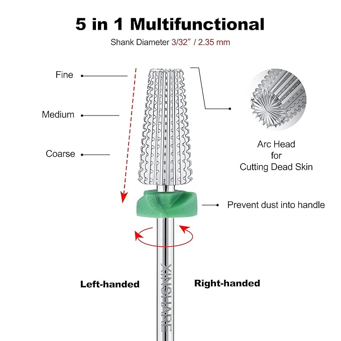 5 in 1 Multi-Function Nail Drill Bit 3/32" Tungsten Carbide Tapered Drill Bits for Nails Professional Fast Removing Acrylic Hard Gels Nail Efile Bit For Electric Nail Drill Machine Coarse(C)