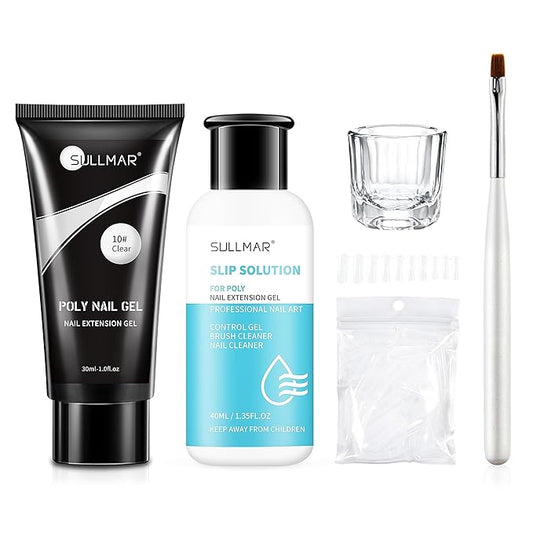 Clear Poly Nail Extension Gel Set,Nail Builder Gel Slip Solution for Professional Starter kit with Nail Brush Glass Cup For Nail Art(30ml/1fl.oz)