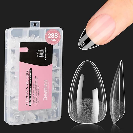 Beetles Short Almond Nail Tips: 12 Sizes 288 PCS Half Matte Full Cover Press On Gel Tips Clear Acrylic Gel Nail Tips Almond Shape for DIY Extension