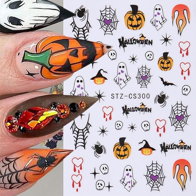 6Sheets Halloween Ghost Nail Stickers for Nail Art Set - 3D Skull Spider Heart Pumpkin Flame Star Cartoon Cute Designs Nail Decals Foil Transfer Sliders Holiday Party Halloween Manicure Decorations