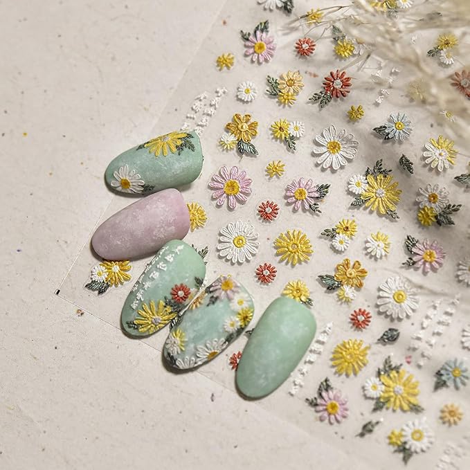 Flower Nail Stickers 5D Embossed Nail Art Stickers White Daisy Floral Self-Adhesive Nail Decals Spring Summer Nails Design Manicure Sliders for Women Girls Nails Art Decoration