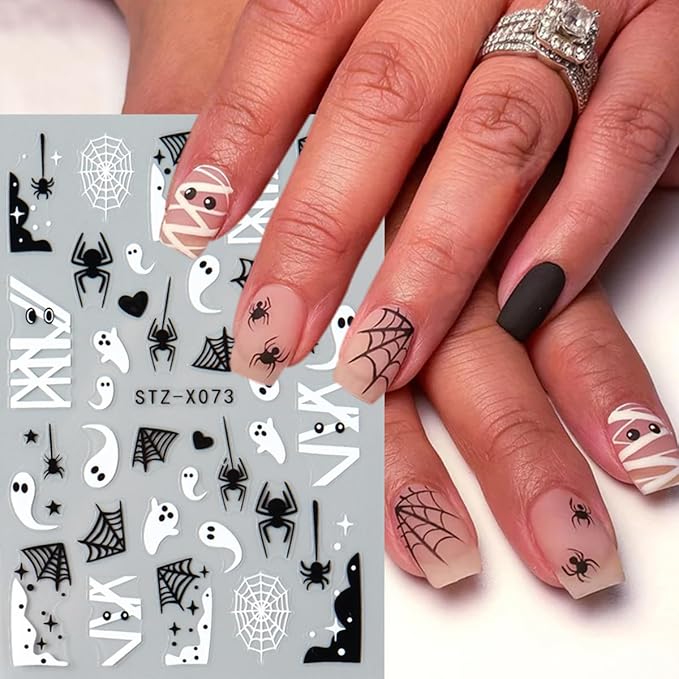 Halloween Nail Art Stickers Decals 3D Ghost Spider Web Nail Stickers 6PCS Cute Ghost Love Heart Spider Web Bandage Eye Ball Halloween Nails Design Adhesive Stickers for Women DIY Nail Art Decorations