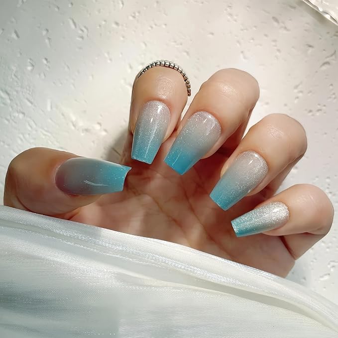 Mint Green Cat Eye Press On Nails - 30PCS Medium Coffin Nails, 9 Sizes for Smaller Nail Beds, Soft Back, Strong Tip, Universal Fit for Spring and Summer