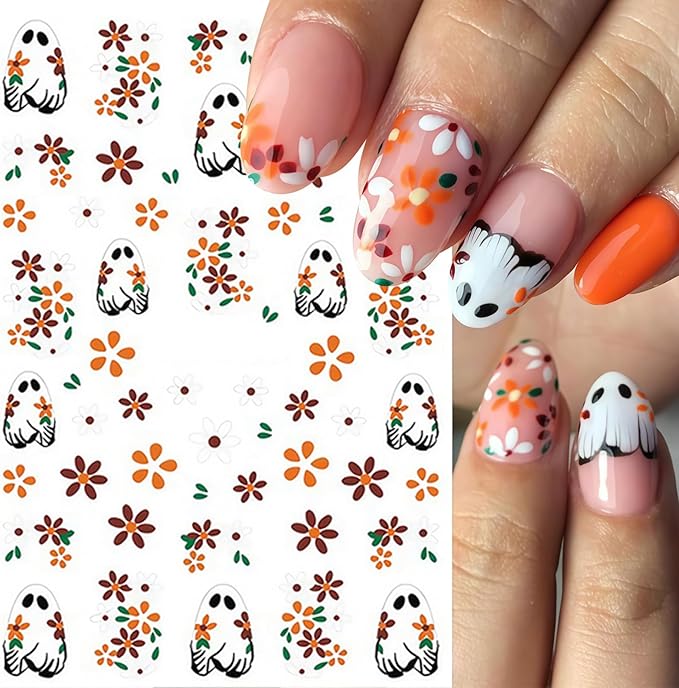 8 Sheets Halloween Nail Stickers Ghost Mushroom Nail Art Stickers Daisy Ghost Nails Decals Pumpkin Spider Colorful Holiday Nail Art Supplies Adhesive Halloween Sticker for Women Nail Art Decorations
