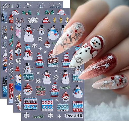 4 Sheets Christmas Nail Art Stickers Snowman Nail Decals with Cartoon Elk Bow Snowflakes Design 3D Self-Adhesive Nail Stickers Acrylic Nail Supplies for Women DIY Christmas Decorations
