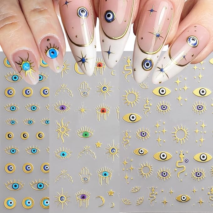 3 Sheets Evil Eye Gold Nail Stickers for Nail Art, 3D Self-Adhesive Star Eye Sun Snake Nail Decals, Nail Supplies Nail Art Design Accessories for Women and Girls Manicure DIY Decoration
