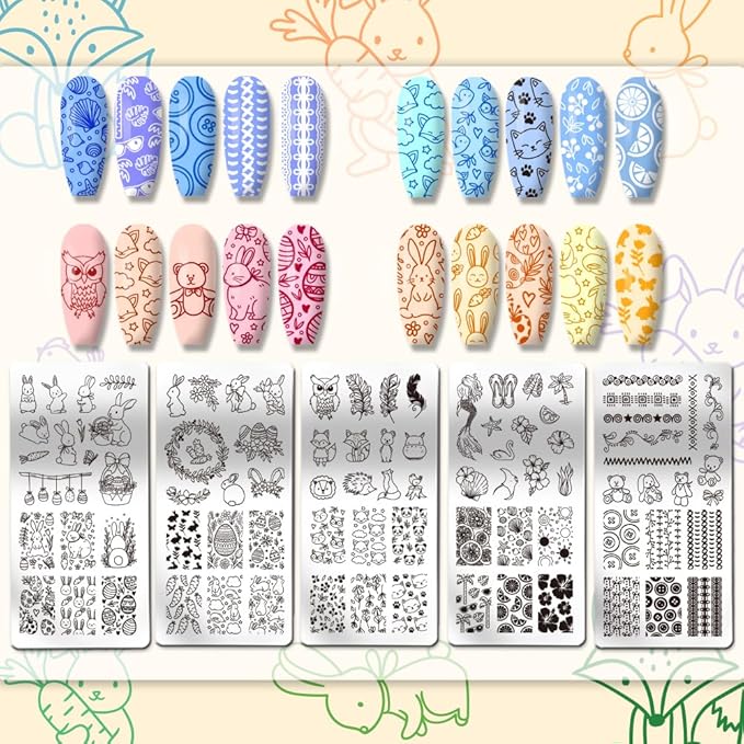 PH PandaHall 5pcs Easter Rabbit Nail Art Templates, Egg Vegetable Nail Stamping Plate Wreath Texture Nail Art Stencils Stainless Steel Nail Image Plates for Nail Design Print Manicure Salon