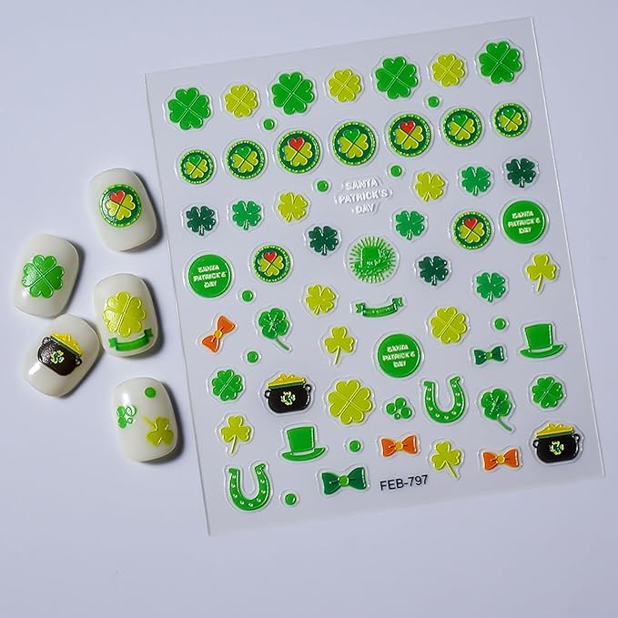 St. Patrick's Day Nail Art Stickers,Green Shamrock 3D Relief Self-Adhesive Nail Decals St. Patrick's Nail Supplies Four Leaf Clover Nail Sticker Lucky of Irish Spring Summer Design Manicure Decor