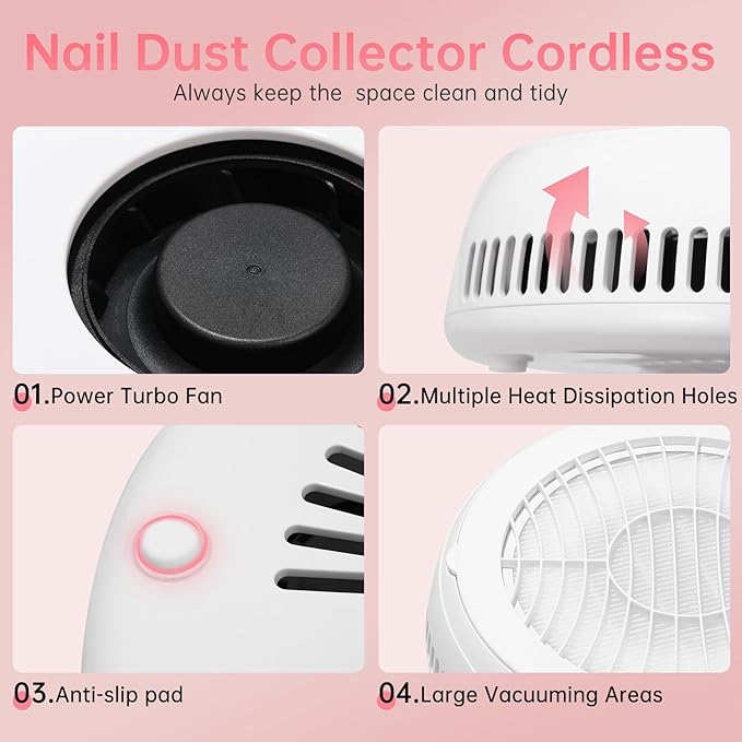 Nail Dust Collector, Cordless Dust Collector Nail Tech, Powerful 4200RPM Vacuum Fan Vent Dust Collector Extractor Dust Suction Machine for Acrylic Nails Polishing, Nail Salon&Home
