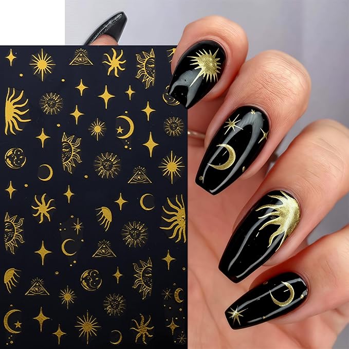 6 Pcs Gold Star Nail Stickers for Nail Art,Self-Adhesive Red Diamond Star Moon Nail Decals Star Moon Sun Pegatinas Uñas Cute Stars Nail Design Stickers Nail Art Supplies for Women Nail Decorations