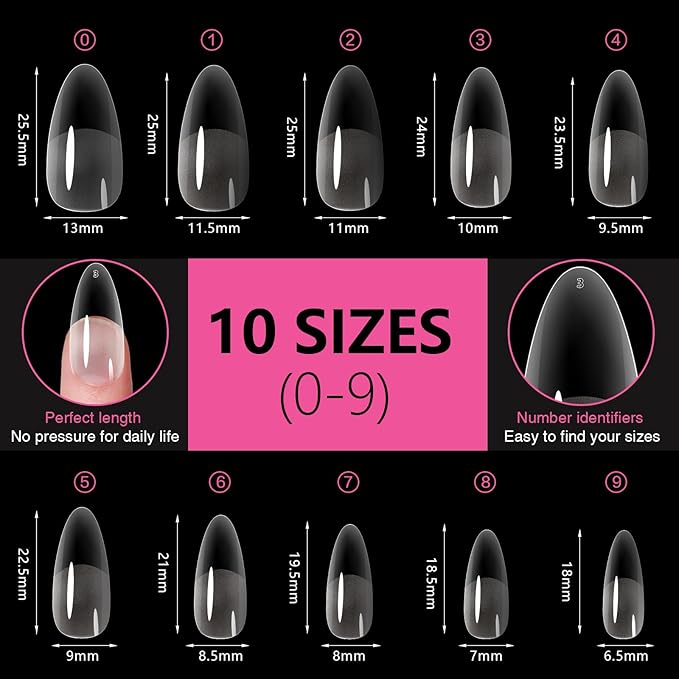 Medium Almond Nail Tips 500PCS, Clear Acrylic Full Cover Gel Press on Nail Tips for DIY, 10 Sizes Pre-Shaped False Nails with Half Matte Finish, Professional Manicure Kit & Easy Application
