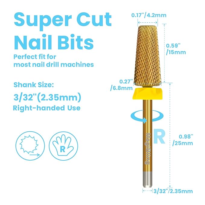 Super Cut Tapered Barrel Nail Drill Bits, 3/32'' Professional Tungsten Carbide Bits, Remove Hard Gel Fast, Right Hand, Suitable for Long Acrylic Nails Gel Polishing, Extra Fine.