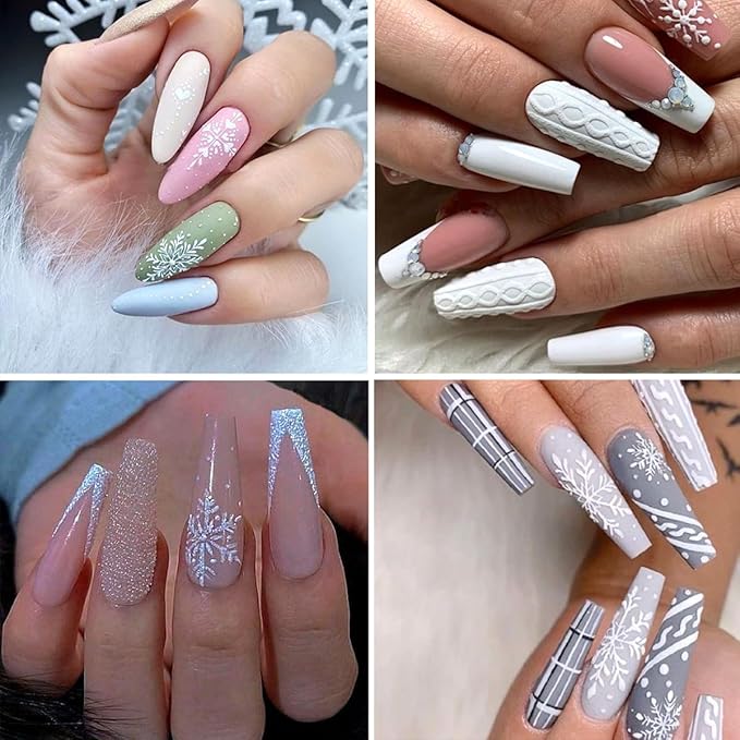 8 Sheets Christmas Snowflake Nail Art Stickers - Gold & White Snowflakes 3D Self-Adhesive Winter Holiday Nail Decals for Women & Girls