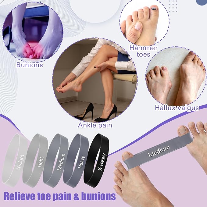 Set of 5 Toe Stretcher Bands for Bunions Correction Foot Big Toe Spacers Resistance Straightener Loop Bands with Carry Bag for Women Men Hallux Valgus Alignment Yoga Exercise(Grey)