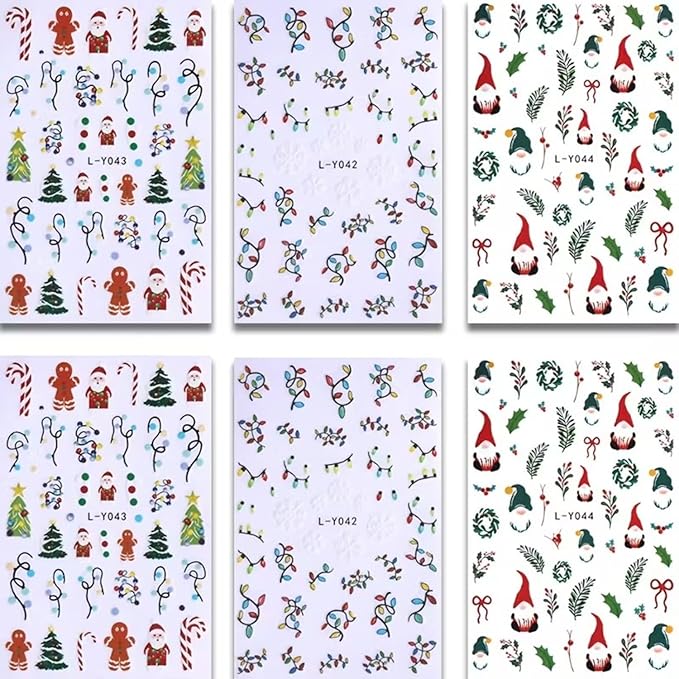 6PCS Christmas Nail Art Stickers Decals Gnome Santa Claus Nail Decals 3D Self-Adhesive Luminous Nail Stickers Christmas Tree Holly Light String Nails Designs Xmas Nails Supplies for Women Manicure