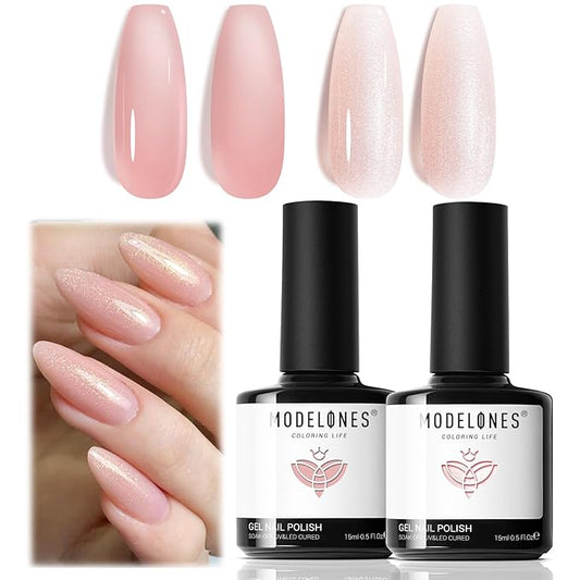 modelones Gel Nail Polish Set 2 Pcs 15 ML Nude Pink Translucent Sheer Glitter Shimmer French Base Kit Gel Polish Soak Off LED For Nail Art DIY Manicure Art Home For Women Girls
