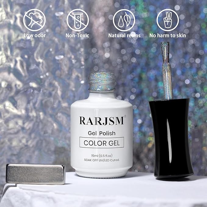 RARJSM Holographic Rainbow Aurora Cat Eye Gel Nail Polish Blue Purple Laser Iridescent Glitter Sparkle Cat Eye Gel Polish with Magnet Stick Soak off UV LED Curing Requires Home Salon Diy Nail Art