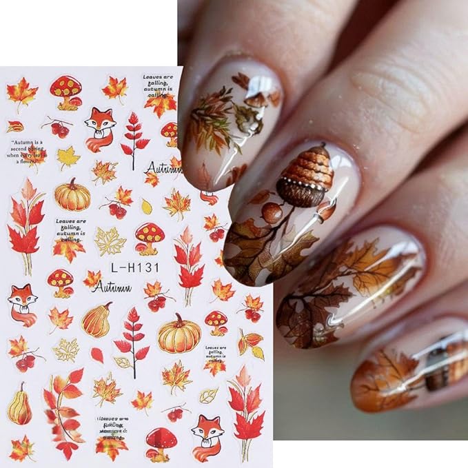 Fall Nail Art Stickers Autumn Maple Leaf Nail Decals 6PCS Fallen Leaf Pumpkins Foxes Pinecone Fall Nails Design Adhesive Stickers Nail Art Supplies for Thanksgiving Day Women Manicure Nail Decorations