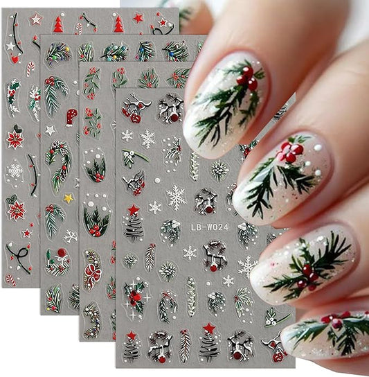 Christmas Nail Art Stickers Winter Nail Decals Snowflake Nail Stickers for Nail Art Cedar Green Red Christmas Tree Design 3D Self Adhesive Nail Sticker for Women Decor Holiday Accessories 4 Sheets