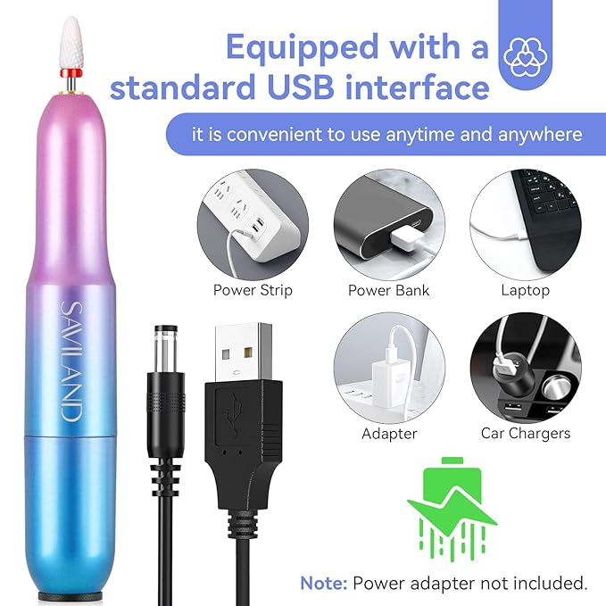SAVILAND Portable Electric Nail Drill - 20000 RPM USB Electric Nail File with 7 Nail Drill Bits & 51 Sanding Bands for Nail Prep Acrylic Nails Dip Nails Gel Nails Home Salon Use