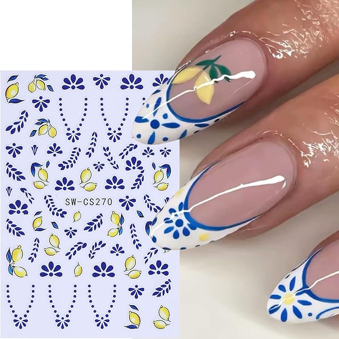 6 Sheets Autumn Fruit Nail Decals for Nail Art 3D Self-Adhesive Orange Lemon Nail Art Stickers Bohemian Style French Tip Nail Stickers Fall Flower Nail Supplies for Women Acrylic Nails Decoration
