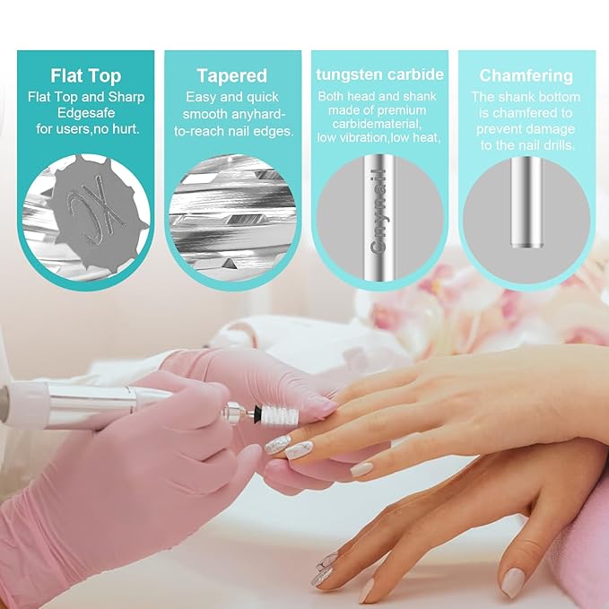 3/32" Large Tapered Barrel Flat Bit Tungsten Carbide Nail Drill Bit Safety Bit for Gel & Acrylic Removal, 2- Way Rotating Efile Tip, Salon Electric File Accessory (XC Girt, Silver)