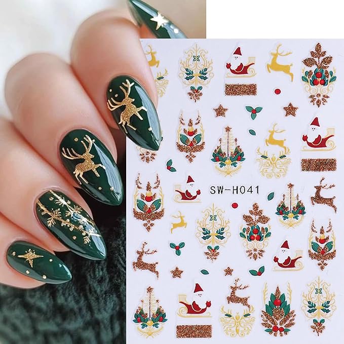 4Sheets Christmas Nail Art Stickers 3D Self-Adhesive Sock Bell Bow Nail Decals for Acrylic Nails Heart Dream Catcher Designs Nail Sticker Glitter Santa Claus Elk Nail Decal for Women DIY Nails Decor