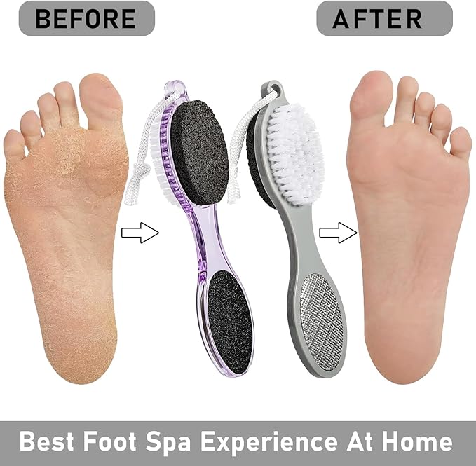 Pumice Stone Brush for Feet 4 in 1, Foot File Callus Remover, Foot Rasp and Sand Paper Pedicure Tools with Handle, Shower Foot Scrubber, Soft Smooth Feet for Home Foot Care,2 Pack