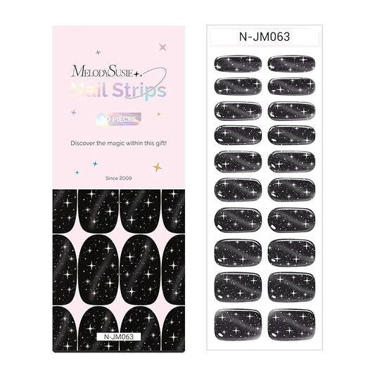 MelodySusie 20PCS Semi Cured Gel Nail Strips (Stellar Noir), Works with Nail Lamp, Salon Quality, Long Lasting, Easy to Apply and Remove