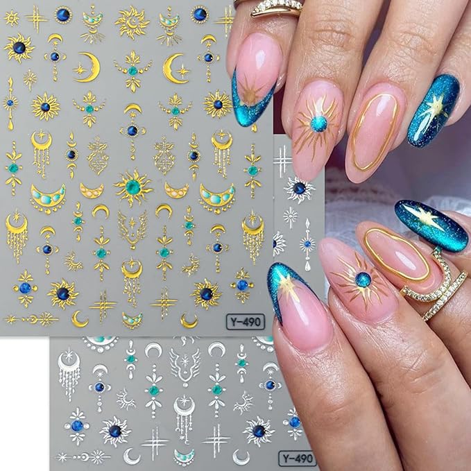 2Sheets Gold Silver Star Moon Nail Art Stickers 3D Gold Silver Sun Nail Decals with Blue Green Rhinestone Designs Nail Stickers for Acrylic Nails Self-Adhesive Gem Sun Nail Decal for Women Nails Decor