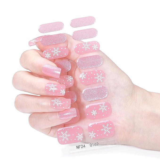 Christmas Semi Cured Gel Nail Strips, 16 Pcs Winter Xmas Gel Nail Stickers Snowflake Designs Pink Glitter Wraps for UV/Led Manicure Lamp Nails Art Decorations