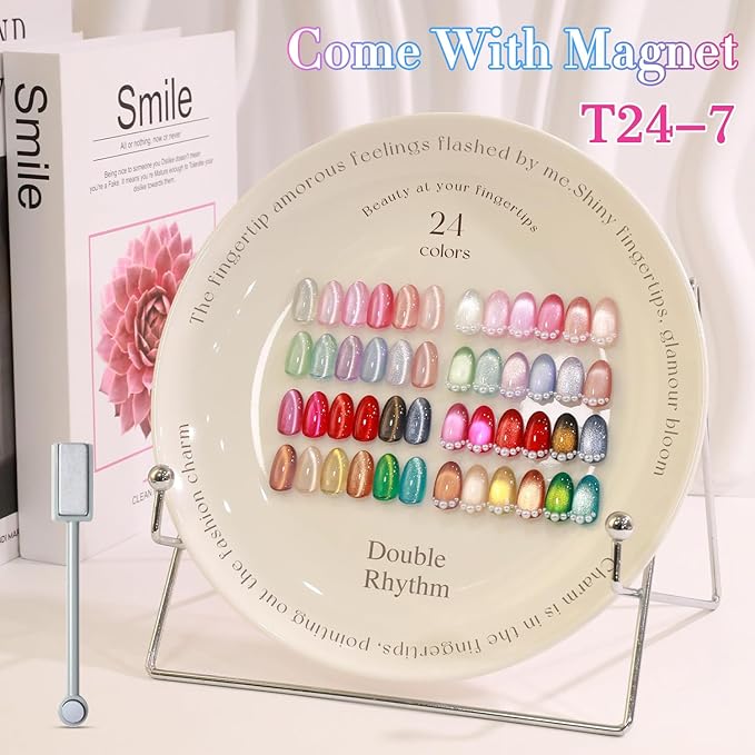 Double Rhythm 28Pcs 0.5Oz Cat Eye Gel Nail Polish Set Same Color Same Bottle Soak Off Magnetic Gel Polish Kit Nail Art Manicure Salon DIY at Home (Silver Gold Red Black-T24-7)