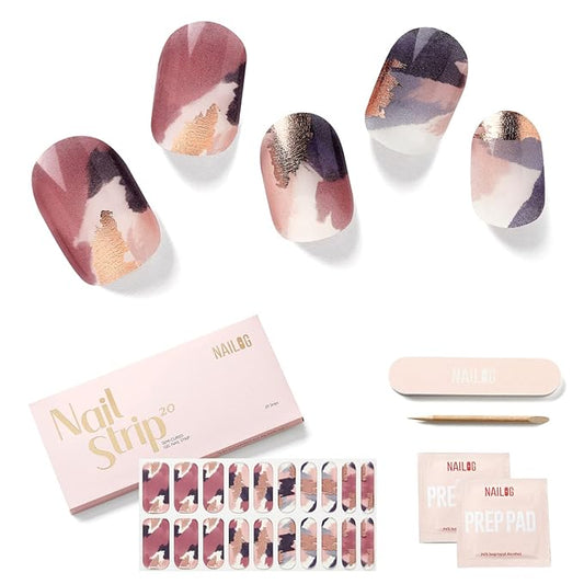 NAILOG Semi Cured Gel Nail Strips 20 Pcs Extra Long Gel Stickers | Buy 2 Get 1 UV Lamp| Long Lasting Nail Wraps with Glossy Gel Finishing, Marble Inkies