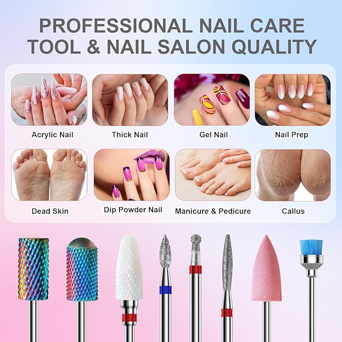 3/32'' Nail Drill Bits Set – 8pcs Tungsten Carbide & Ceramic and Diamond Bits for Acrylic, Gel & Cuticle Removal – Professional Electric Nail File Kit for Manicure, Pedicure – Home & Salon Use