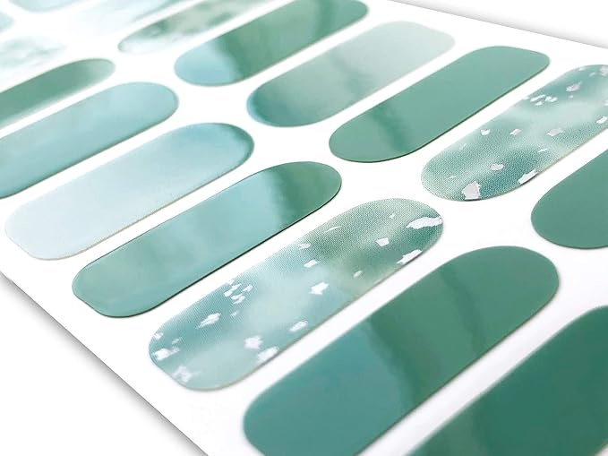 | 20 Exquisite Gel Nail Polish Strips w/Application Accessories - No UV/LED Lamp Required (Seafoam & Silver Speckles)
