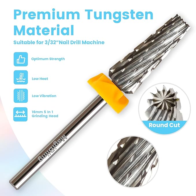 16mm 5 in 1 Tapered Barrel Nail Drill Bits, 3/32'' Safety Tungsten Carbide Bits, Right & Left Rotation, Manicure Cuticle Gel Acrylic Removal Polishing, Technicians Bits, Double Coarse.