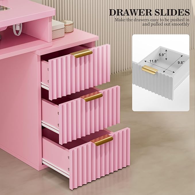 Manicure Table for Nail Tech with Dust Collector, Nail Station Desk w/4 Drawers & LED Lights, Acetone Resistant Beauty Salon Workstation w/Wrist Cushion (Pink)