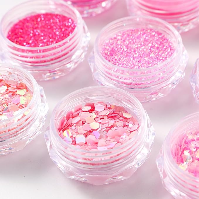 Pink Nail Glitter Powder, 12pcs Nail Art Sequins Dust Set, Holographic Paillette Sparkle Flakes for Acrylic Tips Manicure Decorations