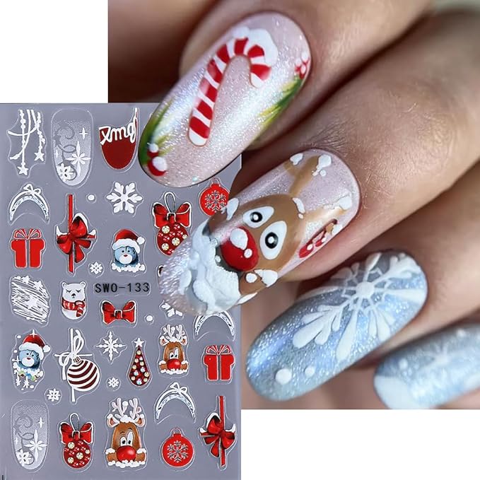 5Pcs Christmas Nail Stickers 5D Christmas Tree Snow Man Nail Decals DIY Self Adhesive Bow Light Cute Snowman Nail Design 3D Nail Decoration Supplies Holiday Manicure Accessories for Women Girls