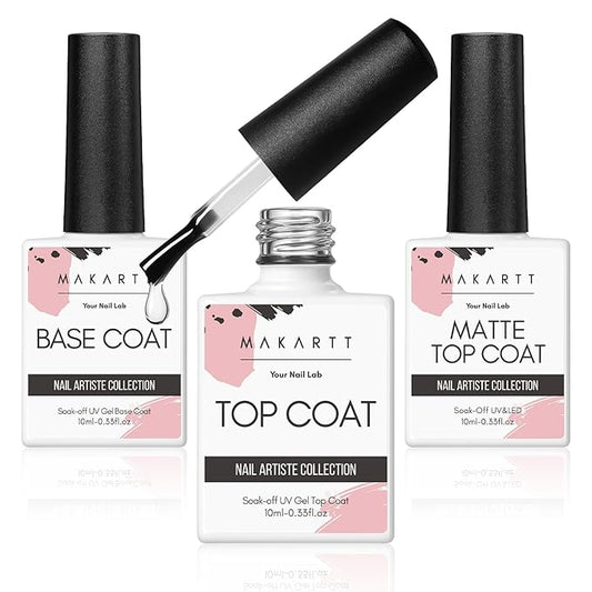 Makartt No Wipe Gel Top and Base Coat Set – Matte & Glossy Finish, 3pcs Soak-Off Long Lasting Gel Nail Polish Essentials, No Yellowing, UV/LED Lamp Required, DIY Nail Art Gift for Women, 10ml