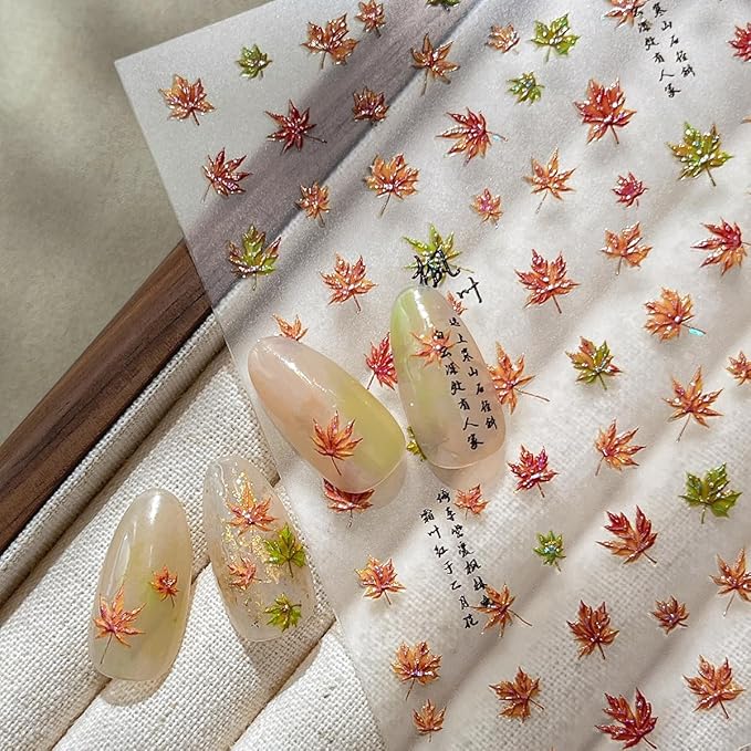 2 Sheets Thanksgiving Nail Stickers for Nails Art Autumn Maple Leaf Nail Decals 5D Self-Adhesive Red Gold White Embossed Maple Leaves Nail Supplies Fall Leaf Shiny Manicure Accessories for Women DIY
