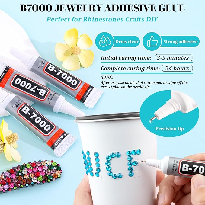 6100Pcs Resin Rhinestones for Crafting with 2Pcs 10ml B7000 Jewelry Glue, 1 Box Flatback Crystals Diamond (Indicolite) for Bedazzling Crafts DIY Nail Art Non Hotfix Gems for Clothing Shoes